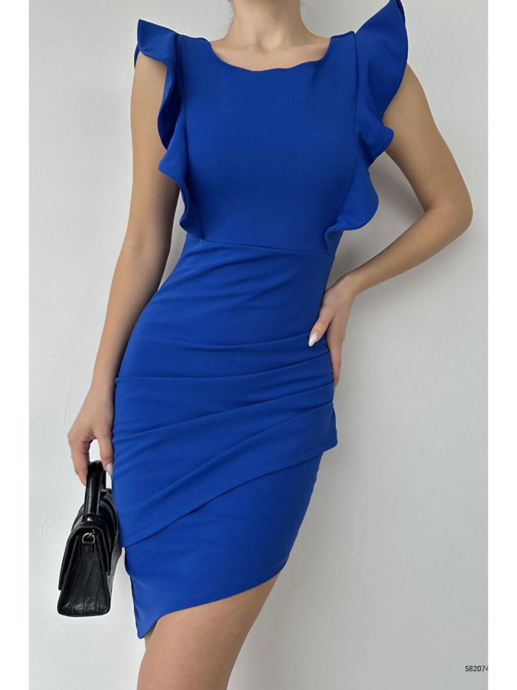 Saks Mavisi Fırfırlı Kolsuz Sırt Dekolteli Elbise-2