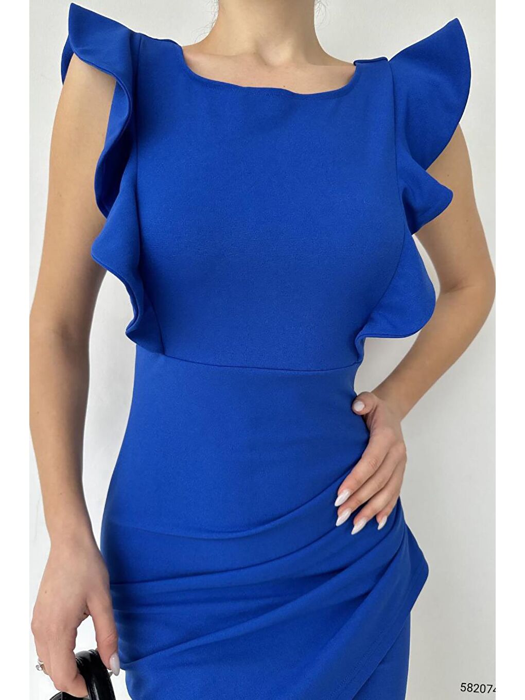 Saks Mavisi Fırfırlı Kolsuz Sırt Dekolteli Elbise-3