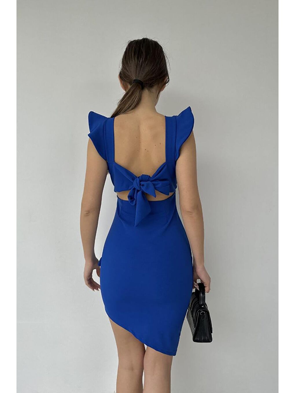 Saks Mavisi Fırfırlı Kolsuz Sırt Dekolteli Elbise-4