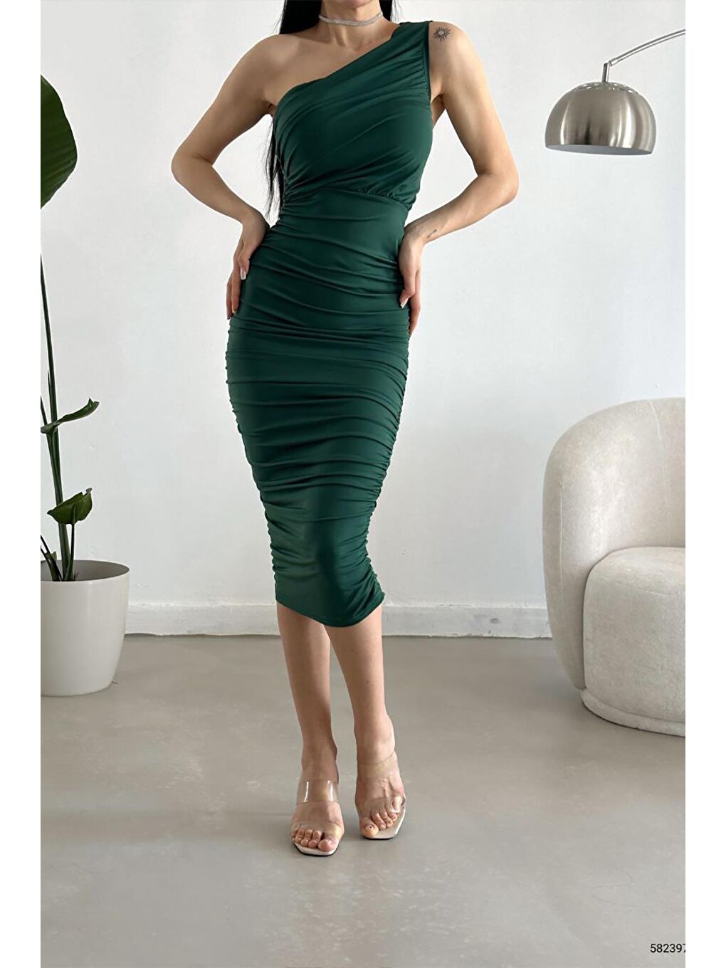 Yeşil Sandy Kumaş Drapeli Midi Boy Elbise-3