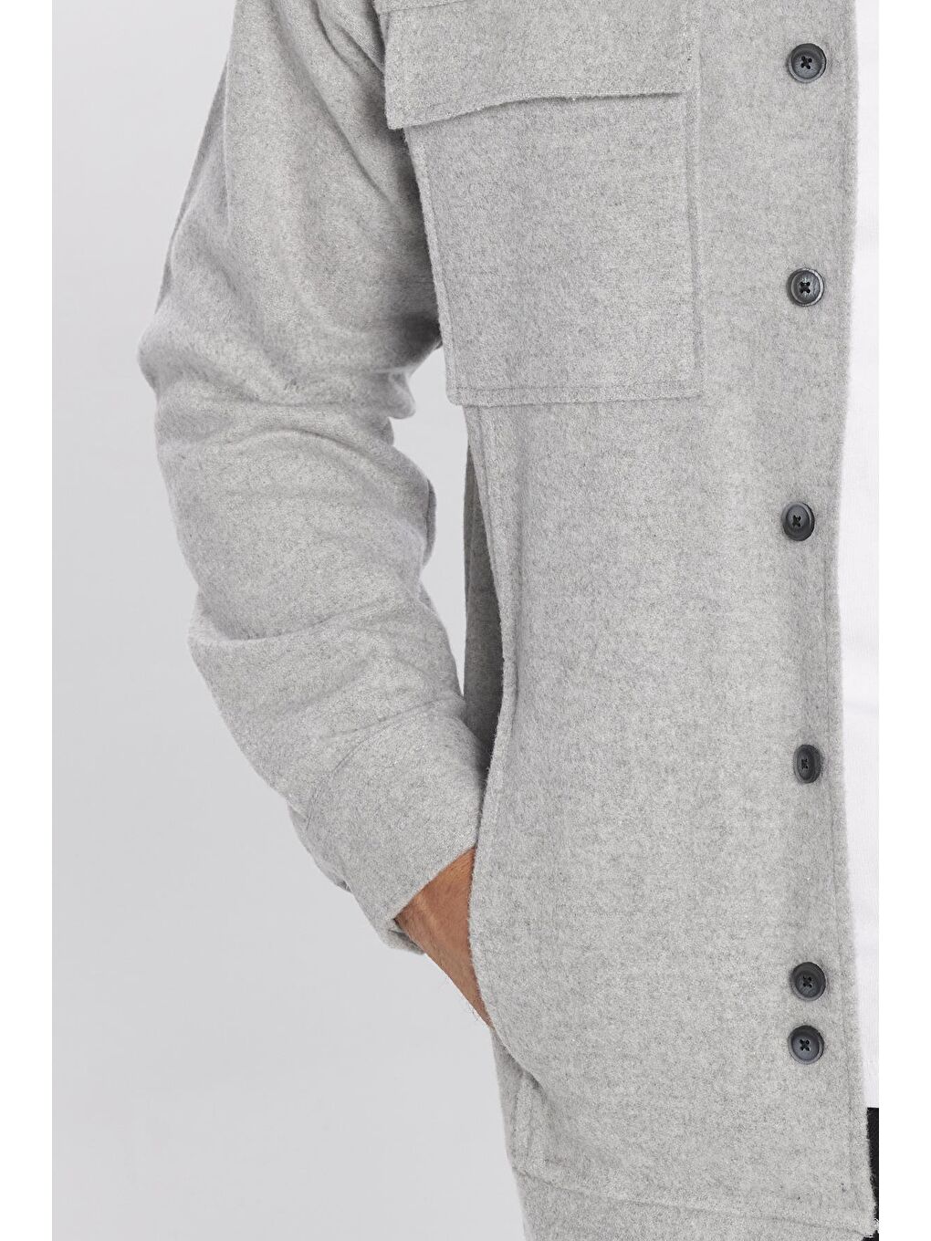 Erkek Relax Fit Rahat Kesim Cepli Düz Apaş Yaka Gri Mont Gömlek-5
