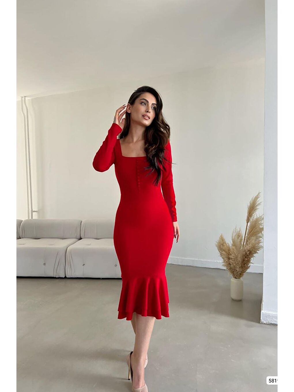 Kırmızı Düğme Detay Balık Model Midi Boy Uzun Kollu Elbise-2
