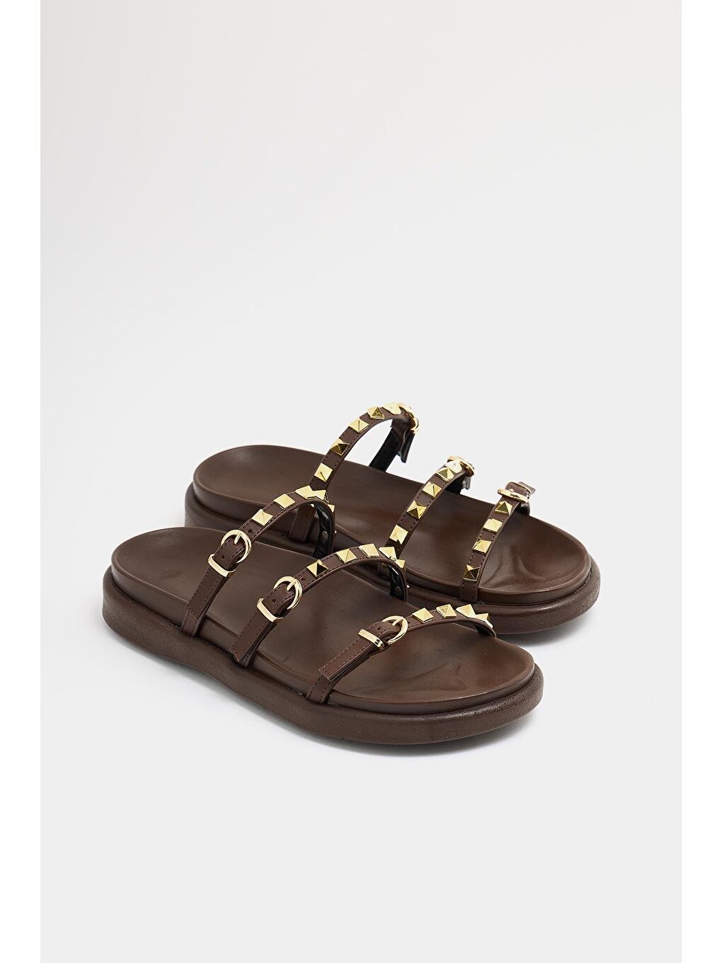 Gold Zımba Detaylı Trend Terlik Kahverengi-2