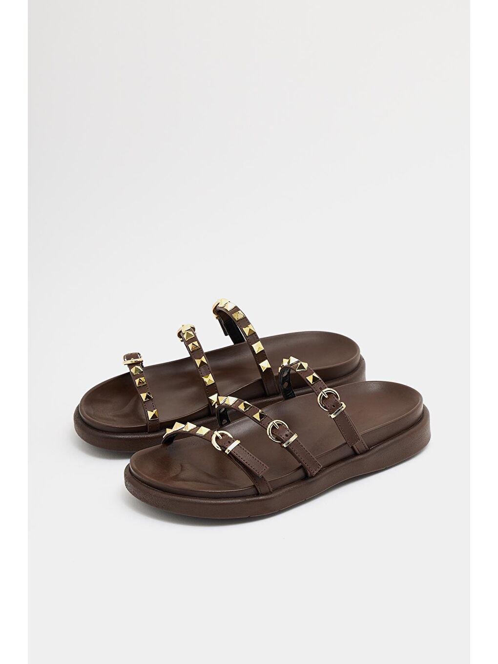 Gold Zımba Detaylı Trend Terlik Kahverengi-4