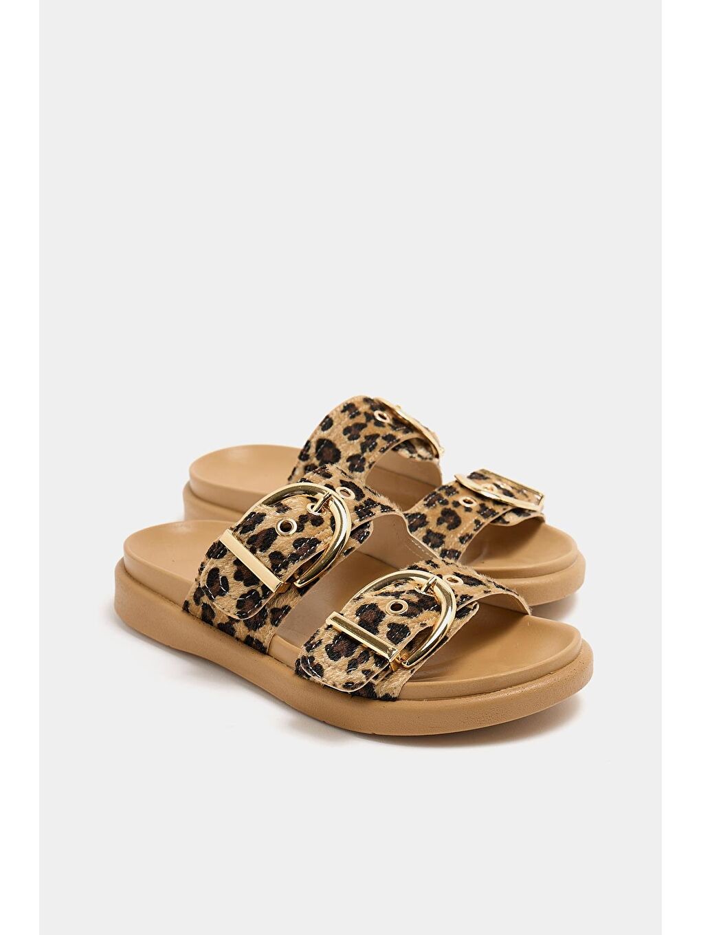 Bej Çift Tokalı Günlük Terlik Leopar Vizon-2