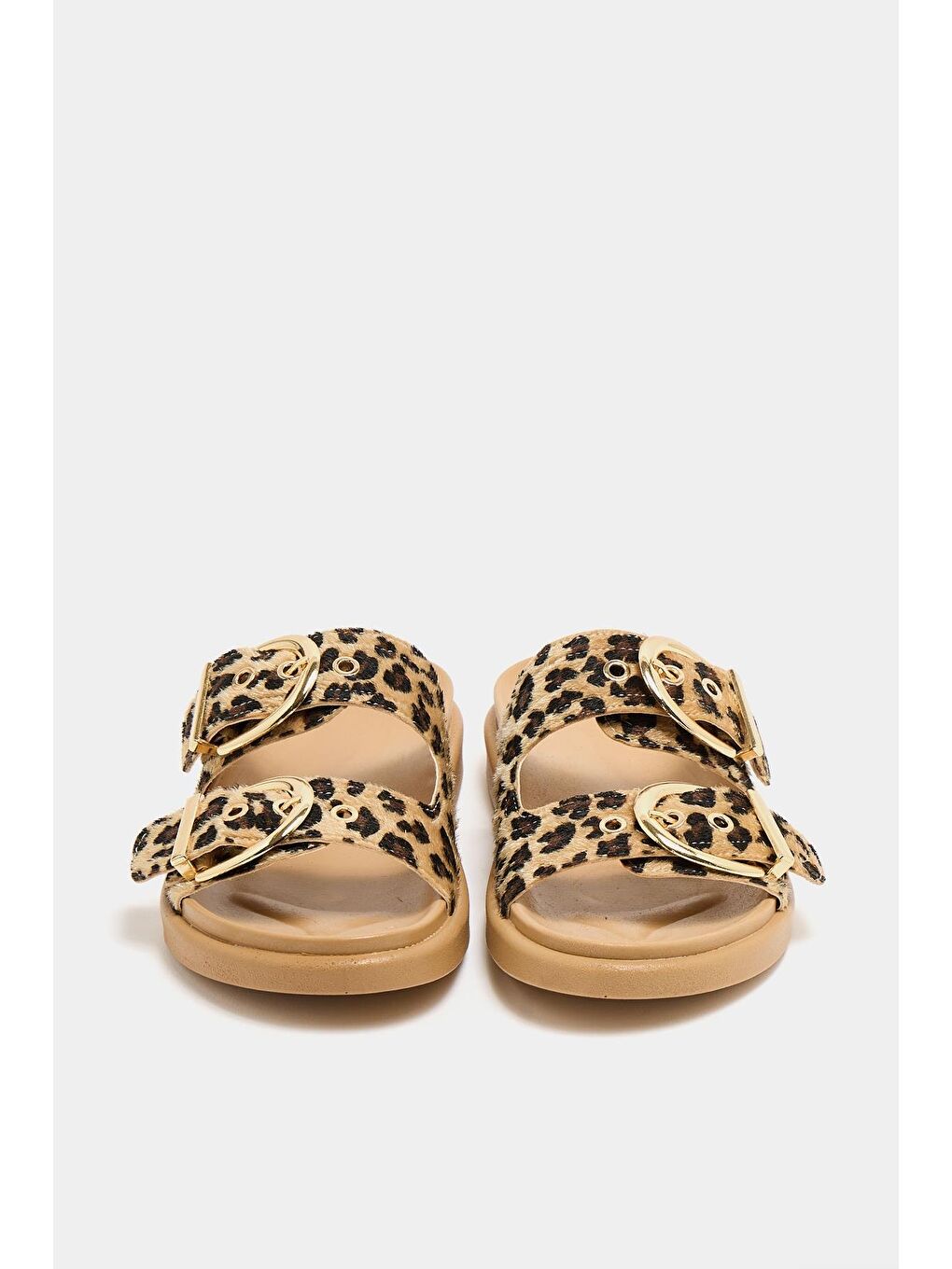 Bej Çift Tokalı Günlük Terlik Leopar Vizon-3