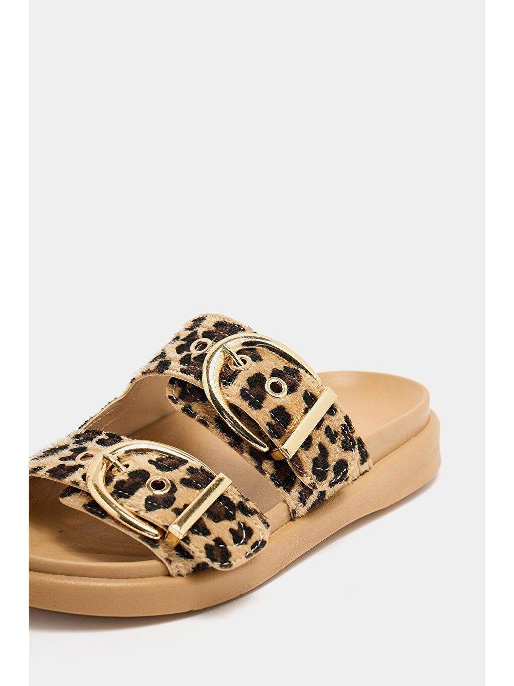 Bej Çift Tokalı Günlük Terlik Leopar Vizon-5