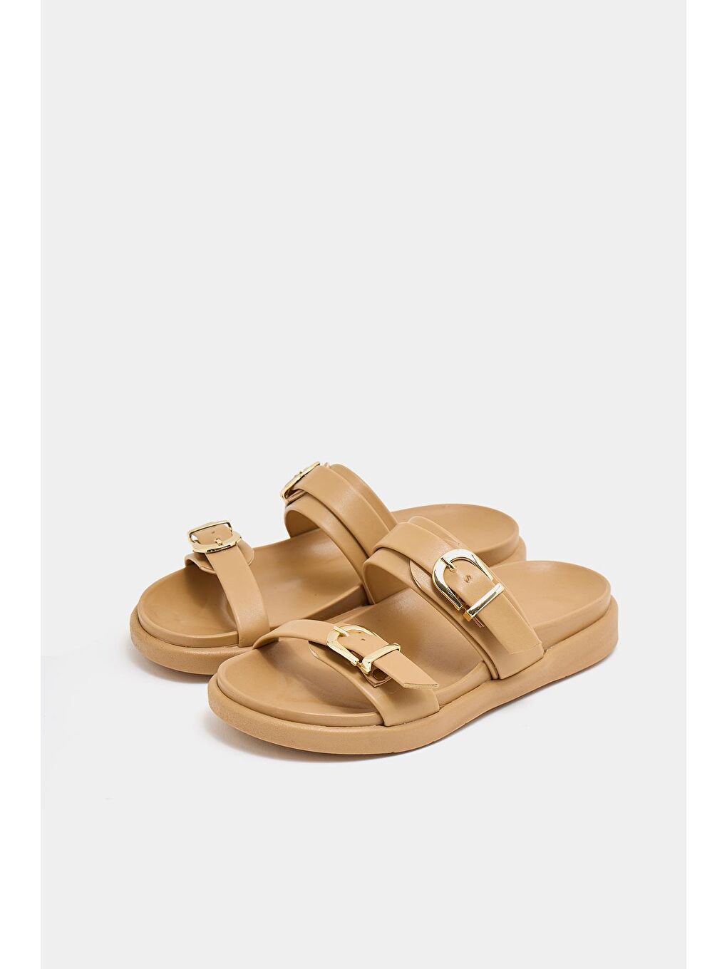 Bej Trend Çift Tokalı Terlik Vizon-4