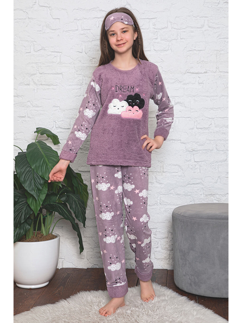 Lila Kız Çocuk Welsoft Kumaş-Göz Bantlı Bulut Baskılı Pijama Takımı 12298-1