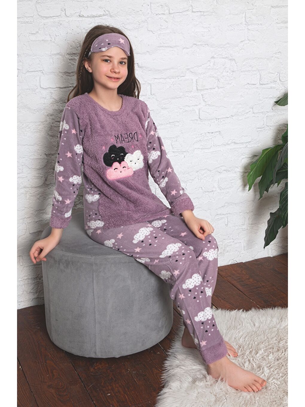 Lila Kız Çocuk Welsoft Kumaş-Göz Bantlı Bulut Baskılı Pijama Takımı 12298-3