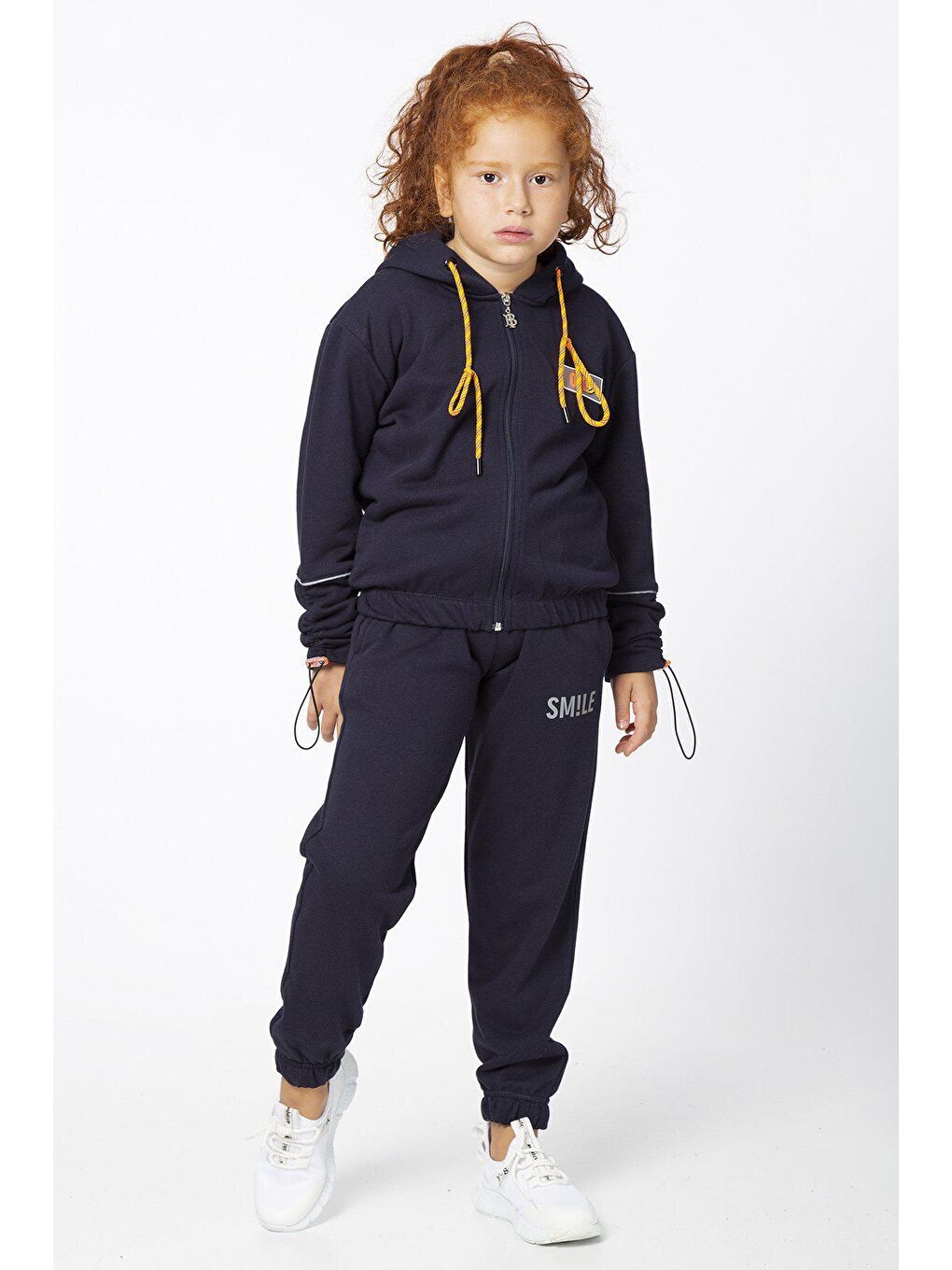 Lacivert Nakış Detaylı Büzgü Kollu Kapüşonlu Kız Çocuk Eşofman Takımı