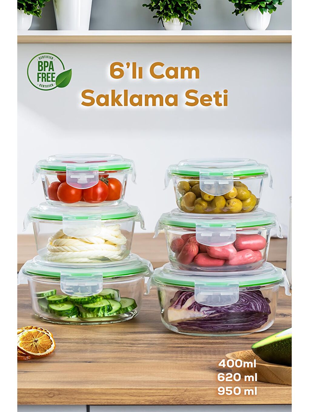 Porsima Yeşil Por Kilitli Sızdırmaz Kapaklı  Cam 6'lı Gıda Erzak Yiyecek Saklama Kabı Seti -950-620-400ml