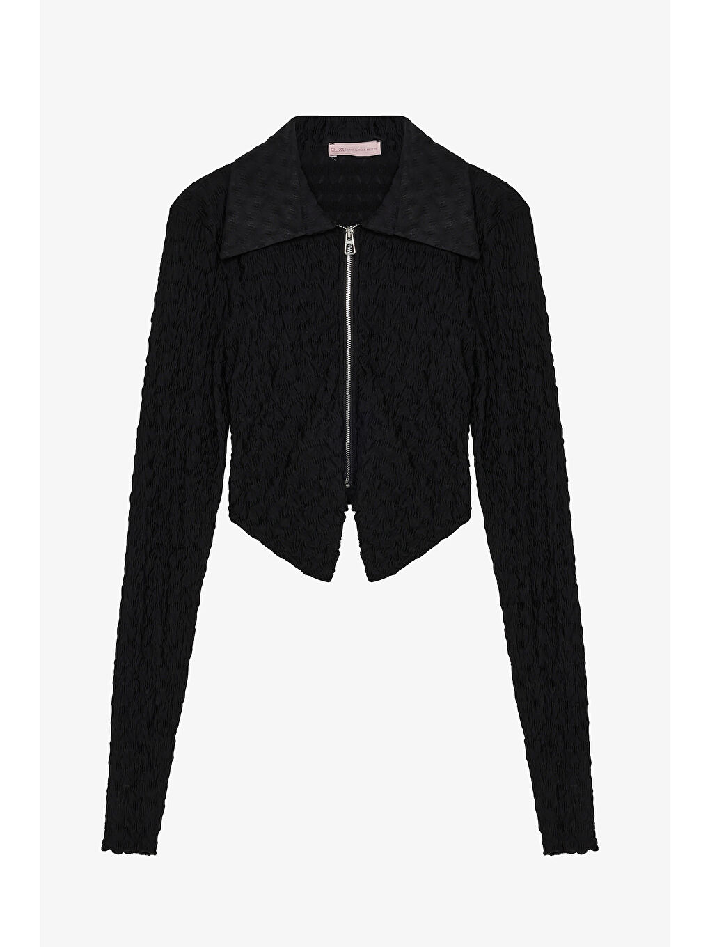 Gofre Dokulu Fermuarlı Crop Bluz Siyah
