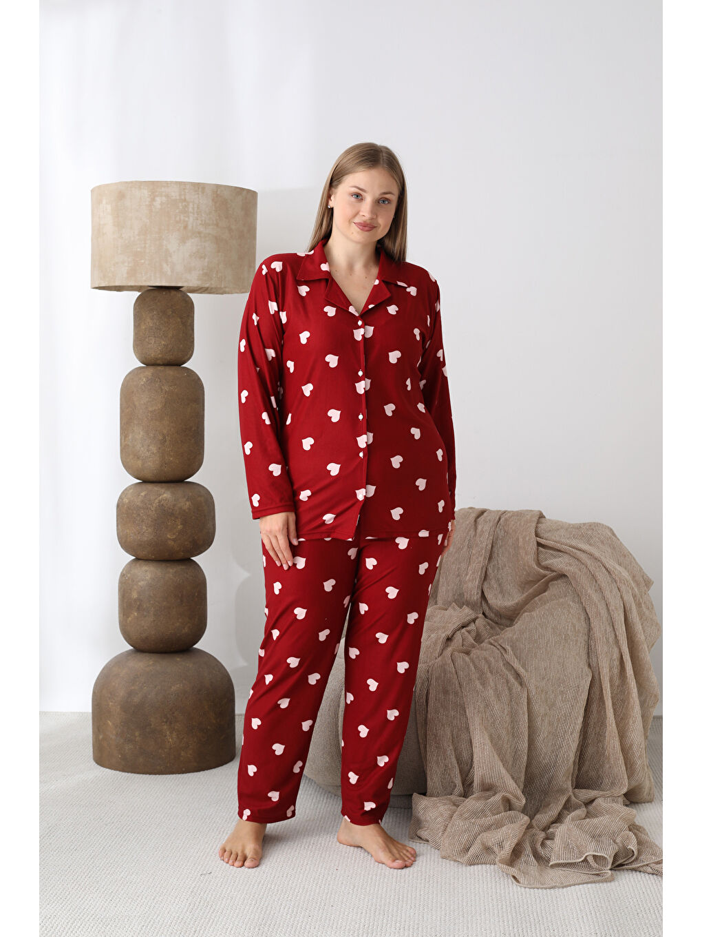 Bordo Boydan Düğmeli Süet Kumaş Büyük Beden Kadın Pijama Takımı 2170-1