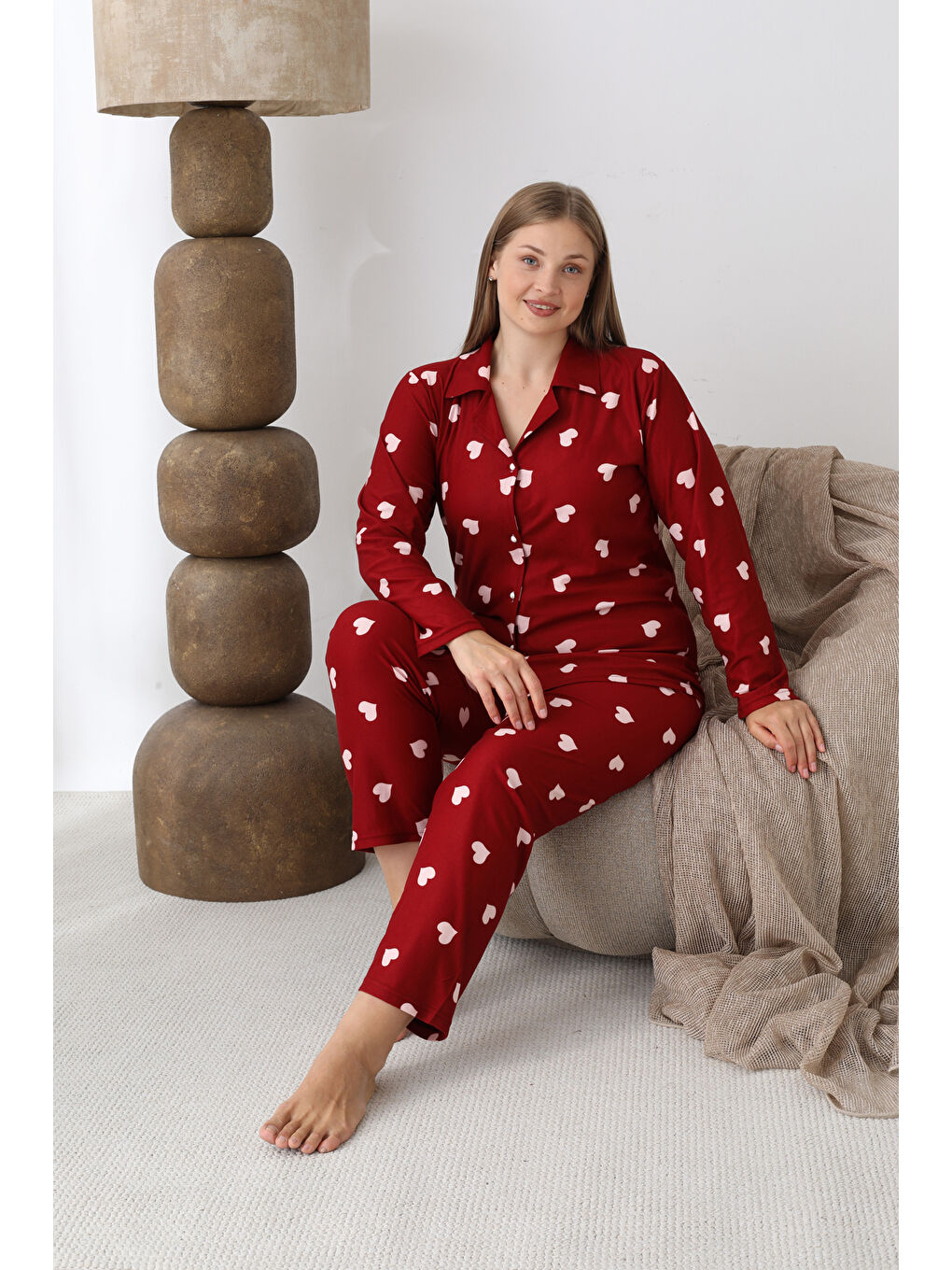 Bordo Boydan Düğmeli Süet Kumaş Büyük Beden Kadın Pijama Takımı 2170-2