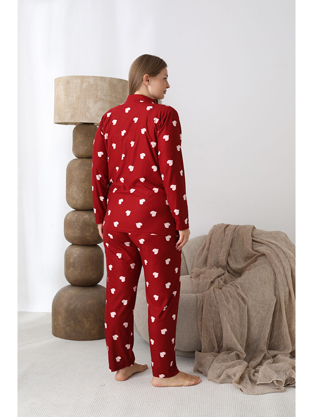 Bordo Boydan Düğmeli Süet Kumaş Büyük Beden Kadın Pijama Takımı 2170-3