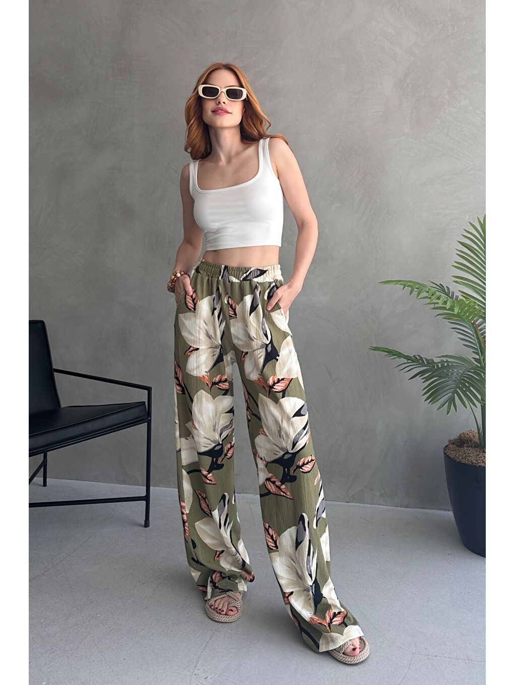 Çiçek Desenli Bol Pantolon Haki - 27237