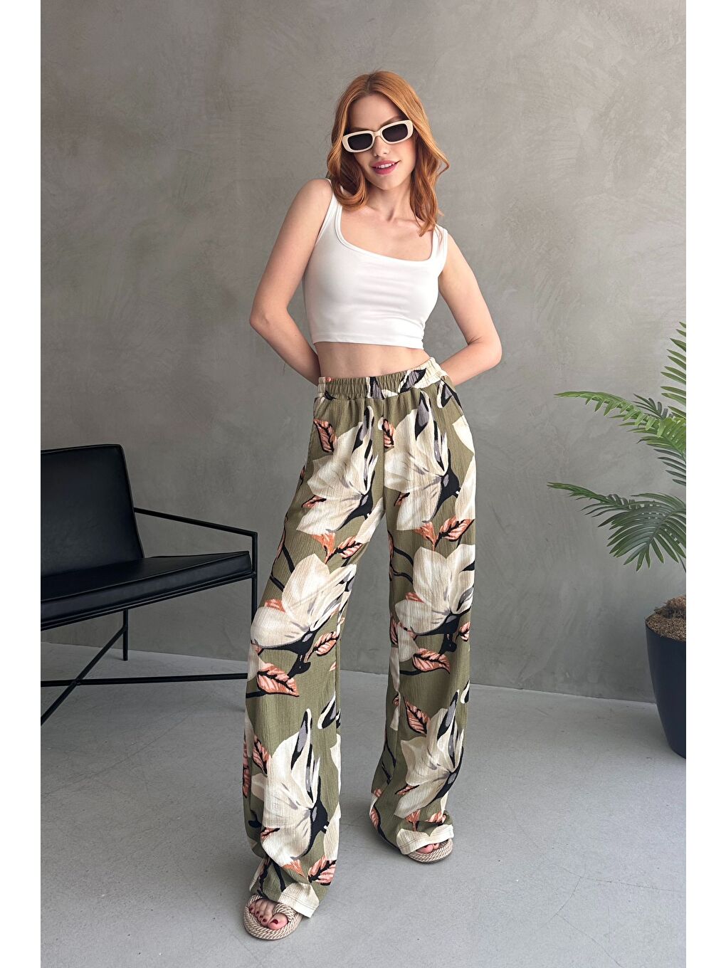 Çiçek Desenli Bol Pantolon Haki - 27237-1