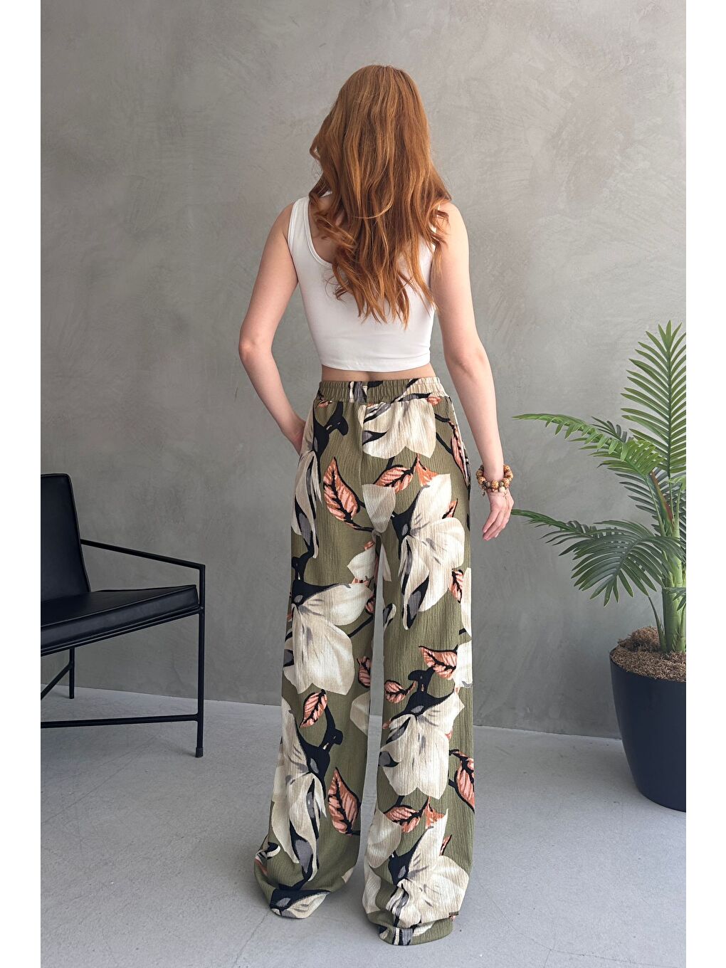 Çiçek Desenli Bol Pantolon Haki - 27237-3
