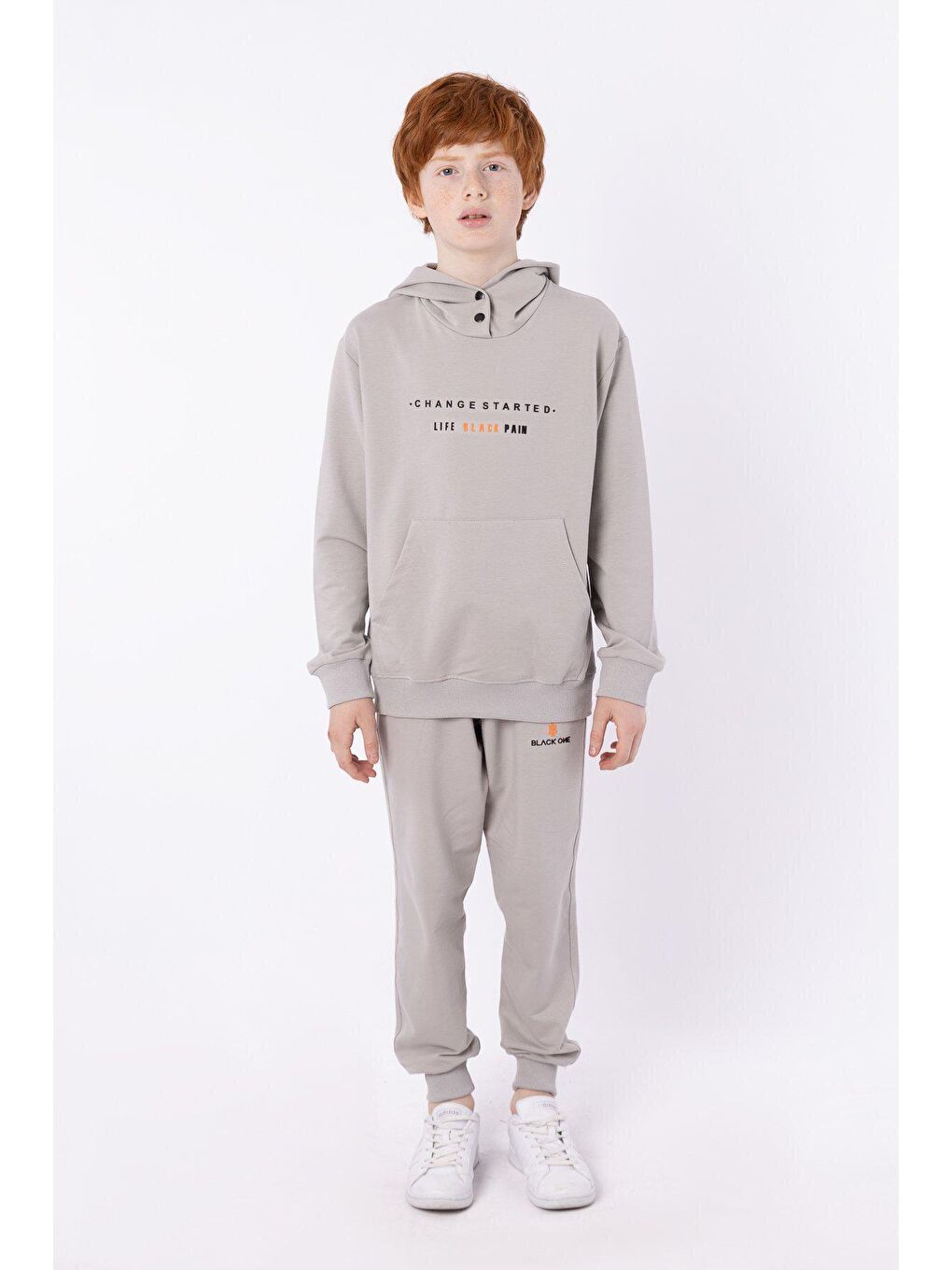 Gri Kapüşonlu Çıt Çıt Detaylı Kargo Cepli Erkek Çocuk Eşofman Takımı