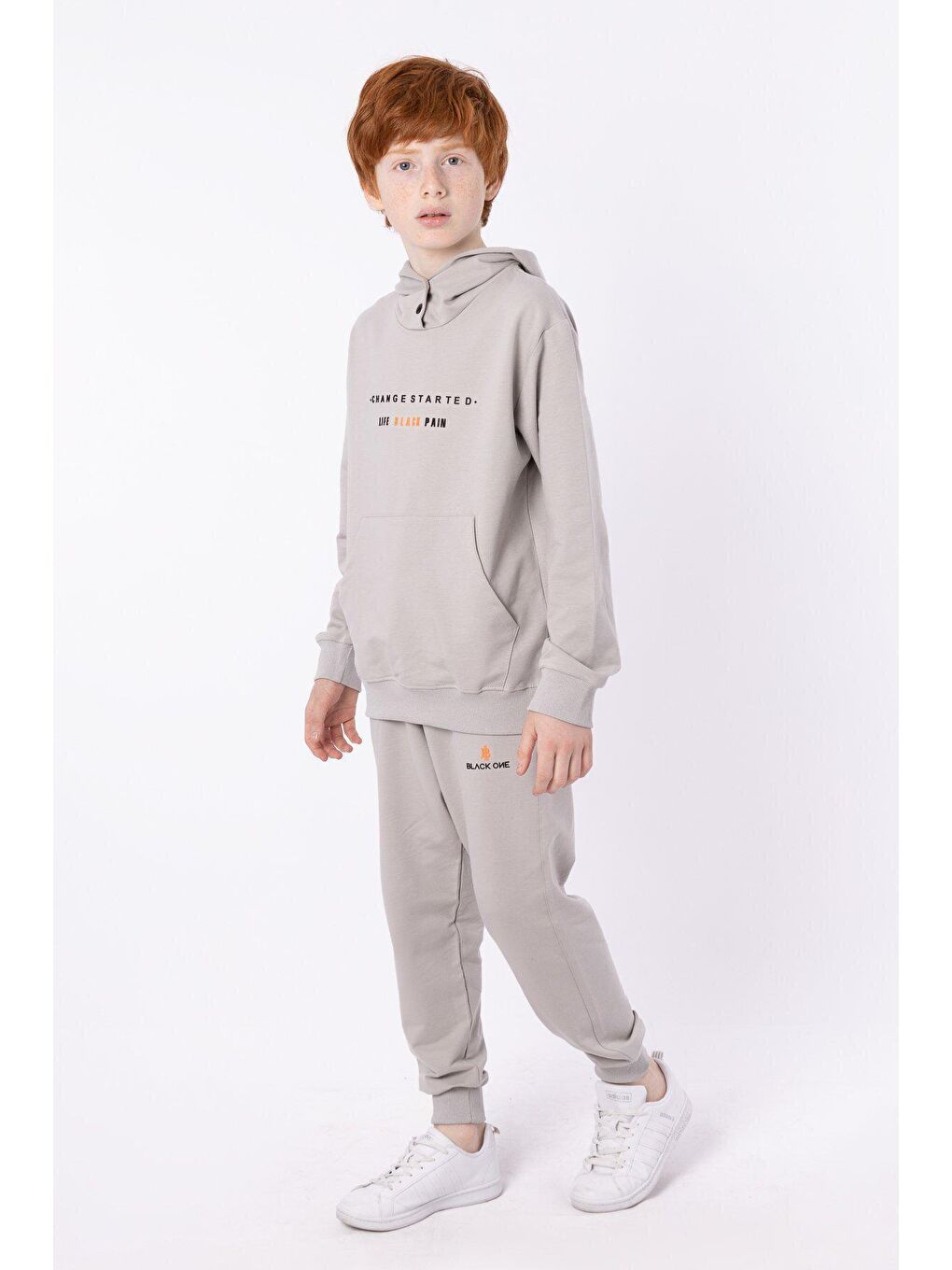 Gri Kapüşonlu Çıt Çıt Detaylı Kargo Cepli Erkek Çocuk Eşofman Takımı-1