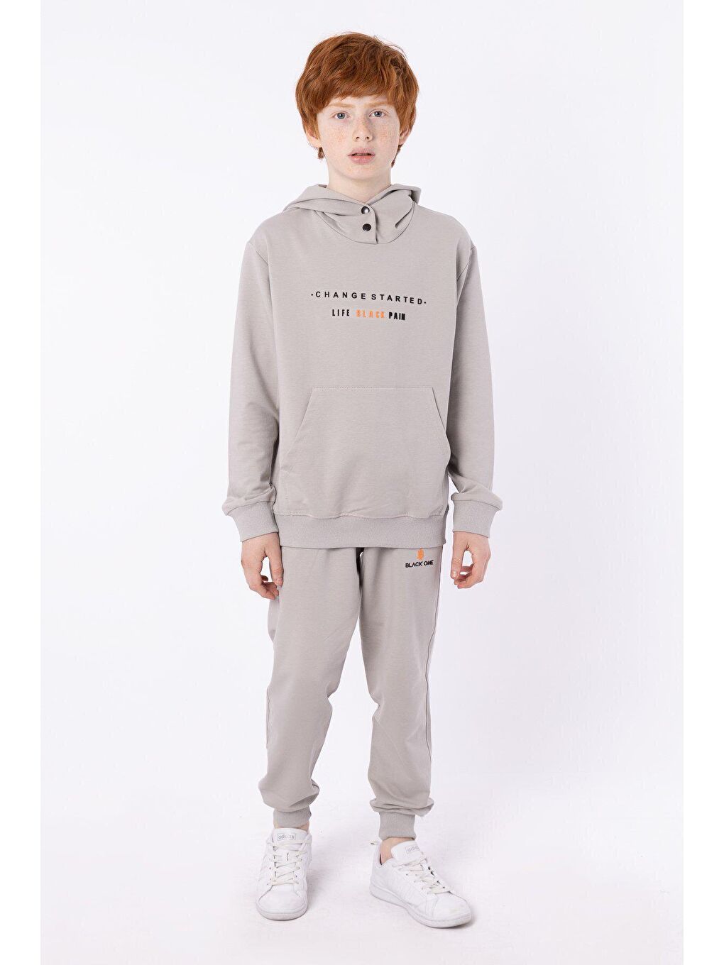 Gri Kapüşonlu Çıt Çıt Detaylı Kargo Cepli Erkek Çocuk Eşofman Takımı-2