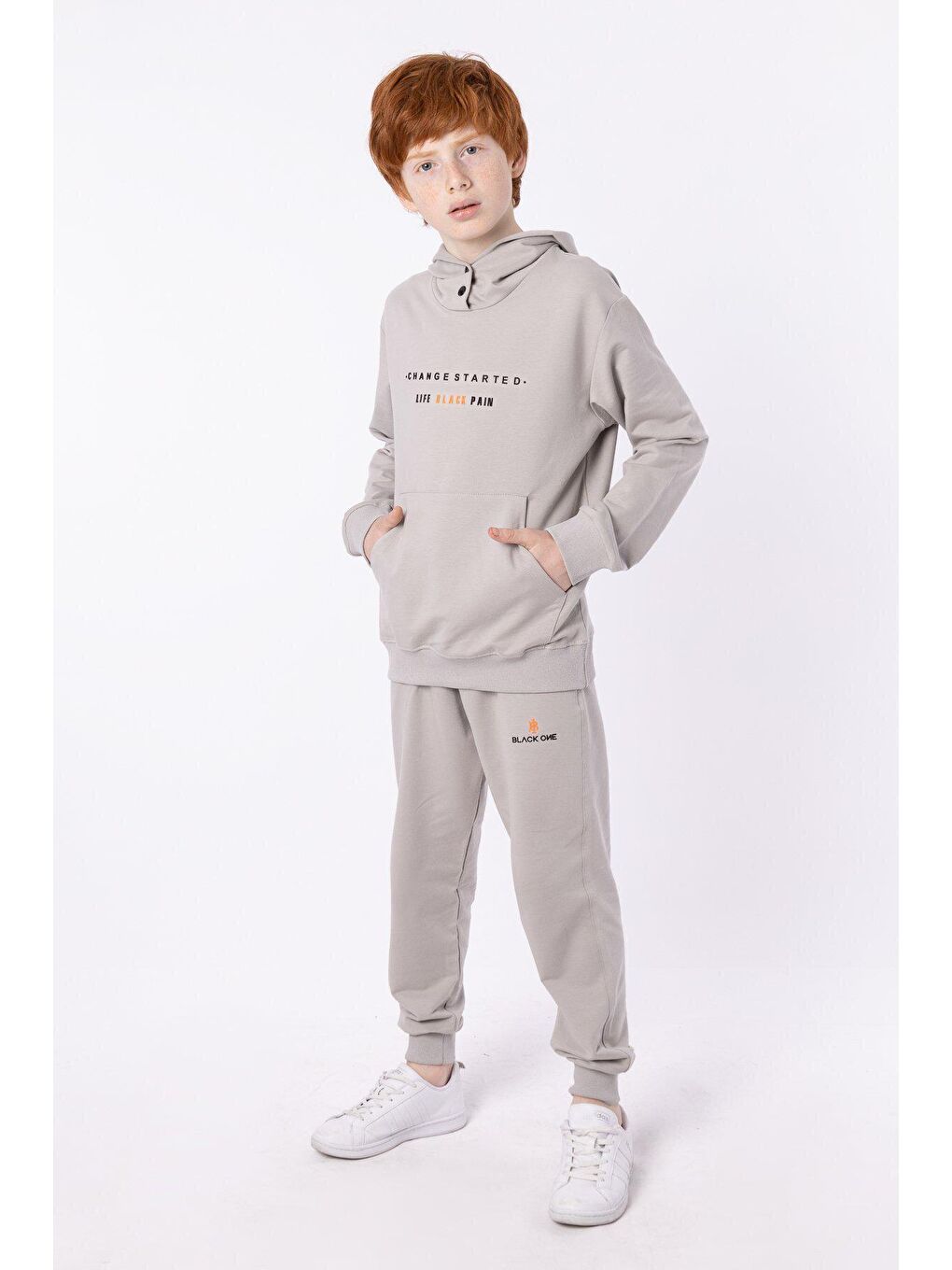 Gri Kapüşonlu Çıt Çıt Detaylı Kargo Cepli Erkek Çocuk Eşofman Takımı-3