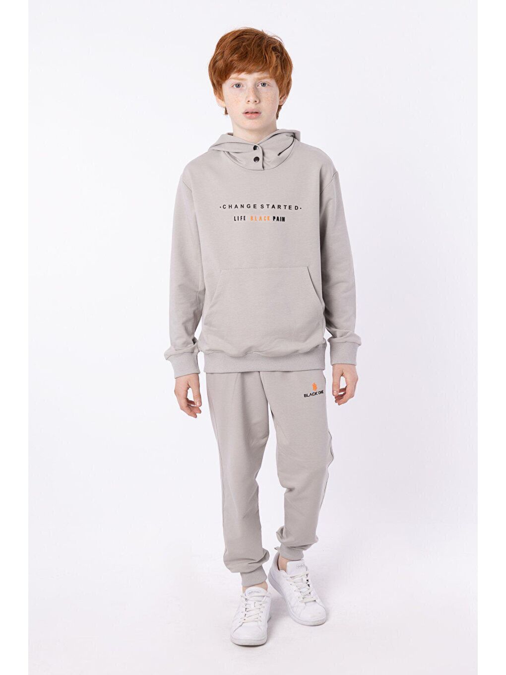 Gri Kapüşonlu Çıt Çıt Detaylı Kargo Cepli Erkek Çocuk Eşofman Takımı-4