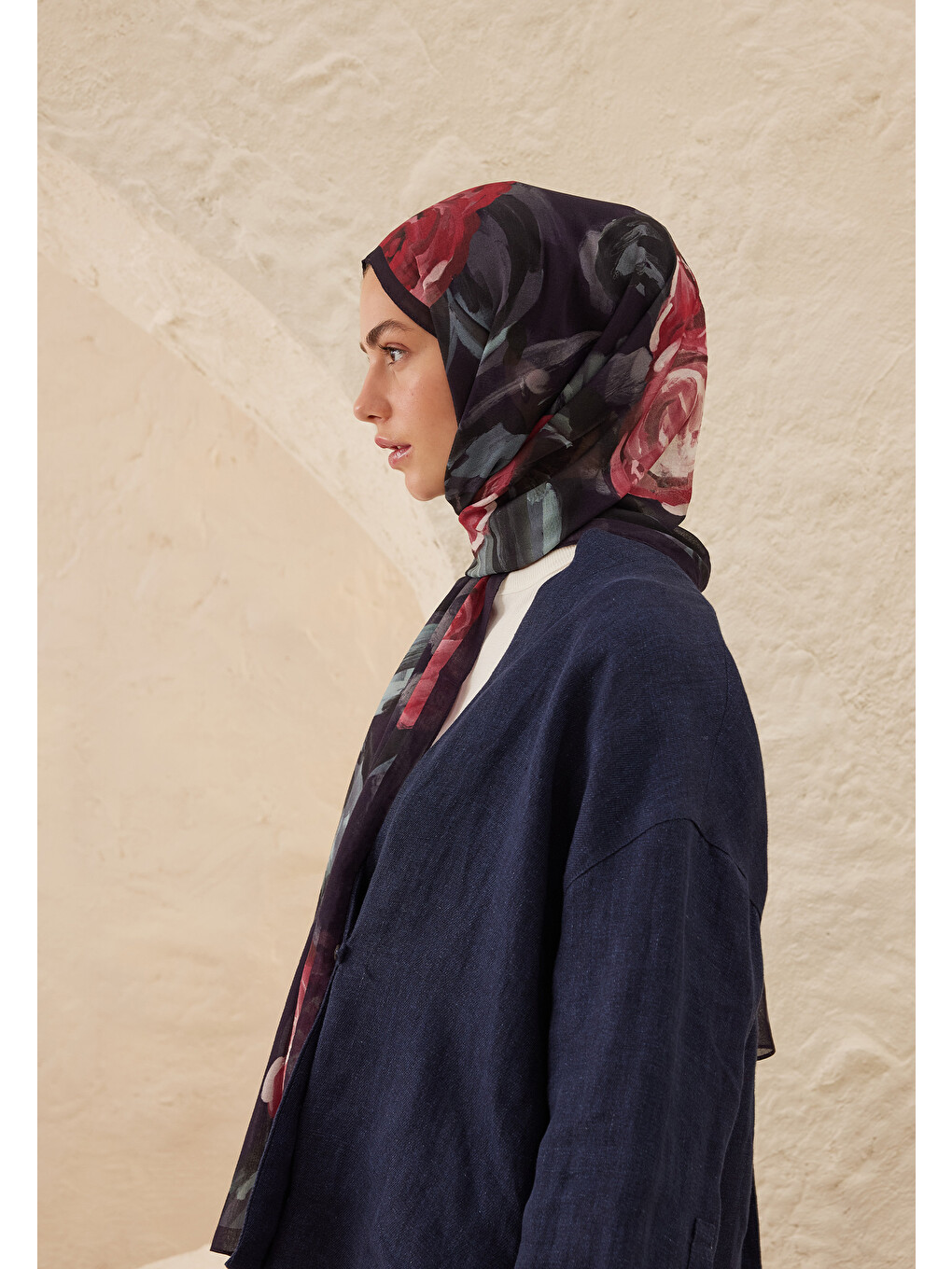 Summer Rose Desen Rami Şal Lacivert-5