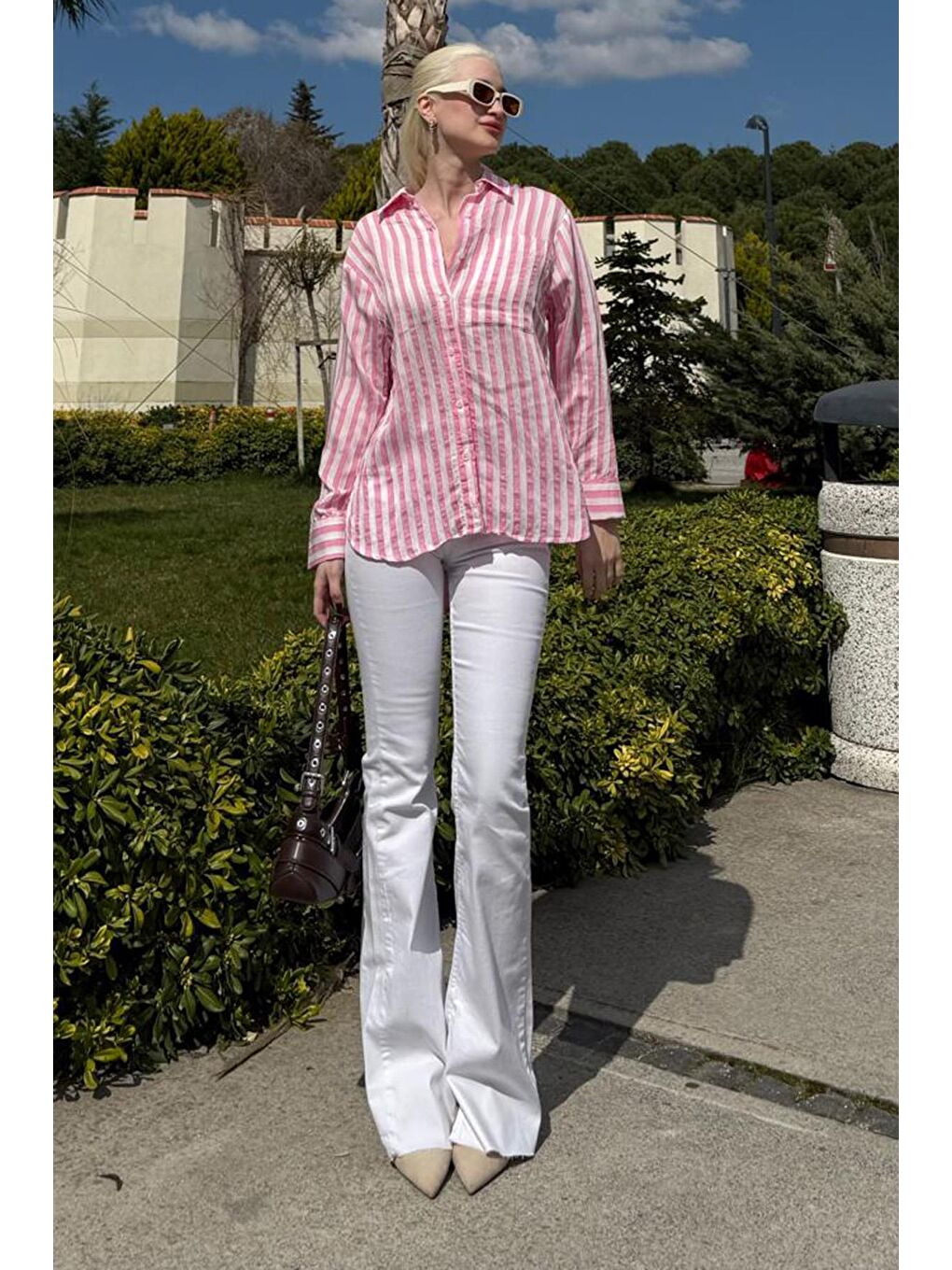 Pembe Cep Detaylı Çizgili Kadın Gömlek Mg2295-1