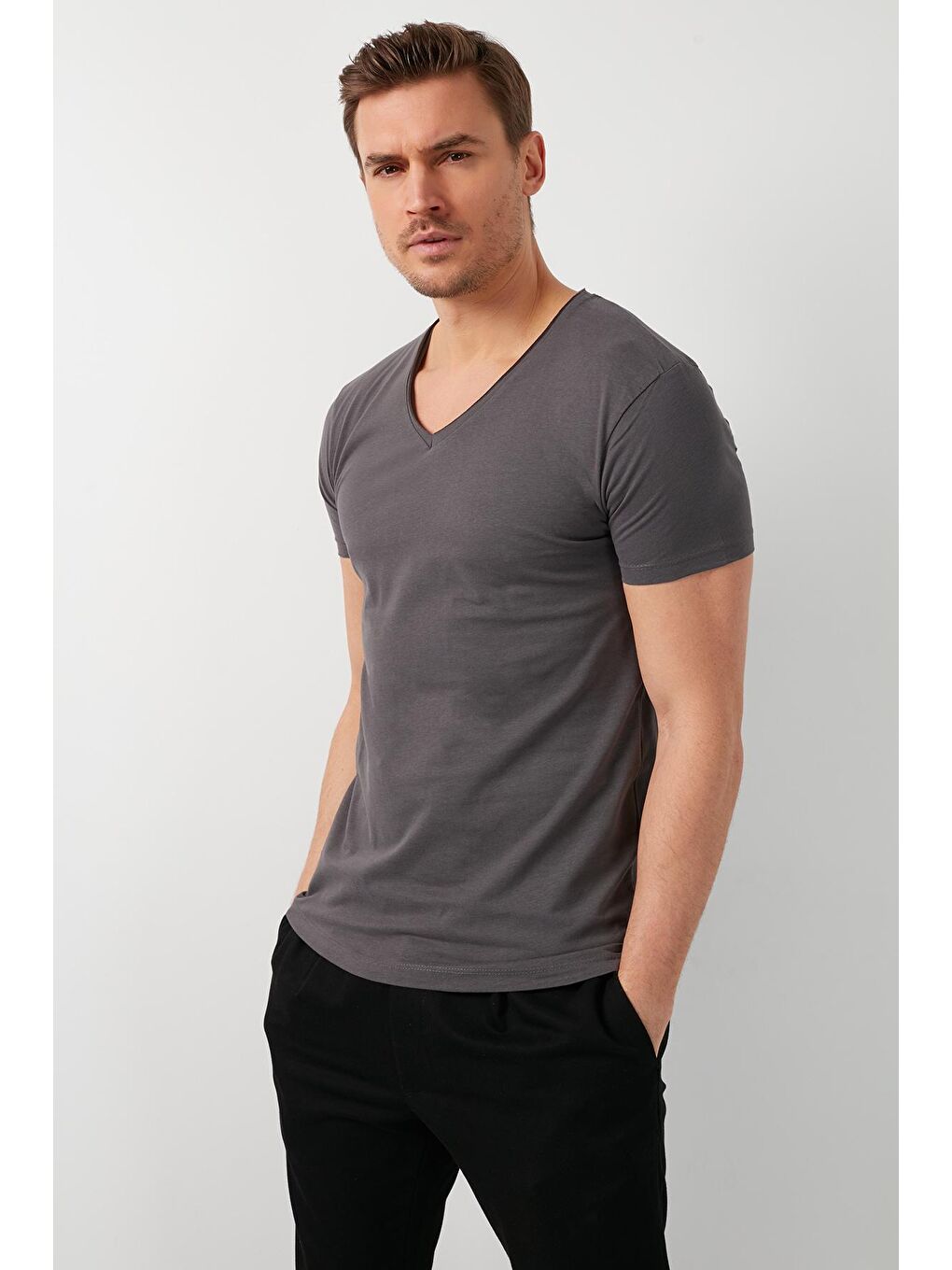 Buratti Gri % 100 Pamuk Slim Fit V Yaka Basic T Shirt 5412001 - 1