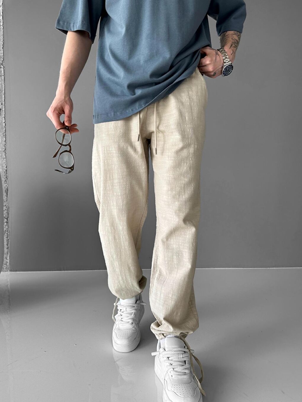 Beli Lastikli Yazlık Rahat Kalıp Esnek Pamuklu Keten Erkek Pantolon Bej-3