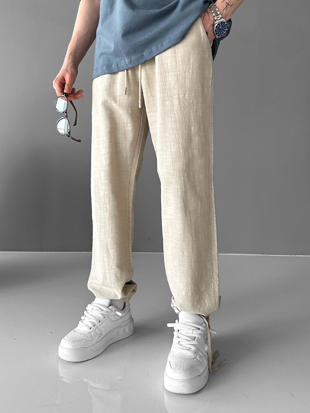 Beli Lastikli Yazlık Rahat Kalıp Esnek Pamuklu Keten Erkek Pantolon Bej-4