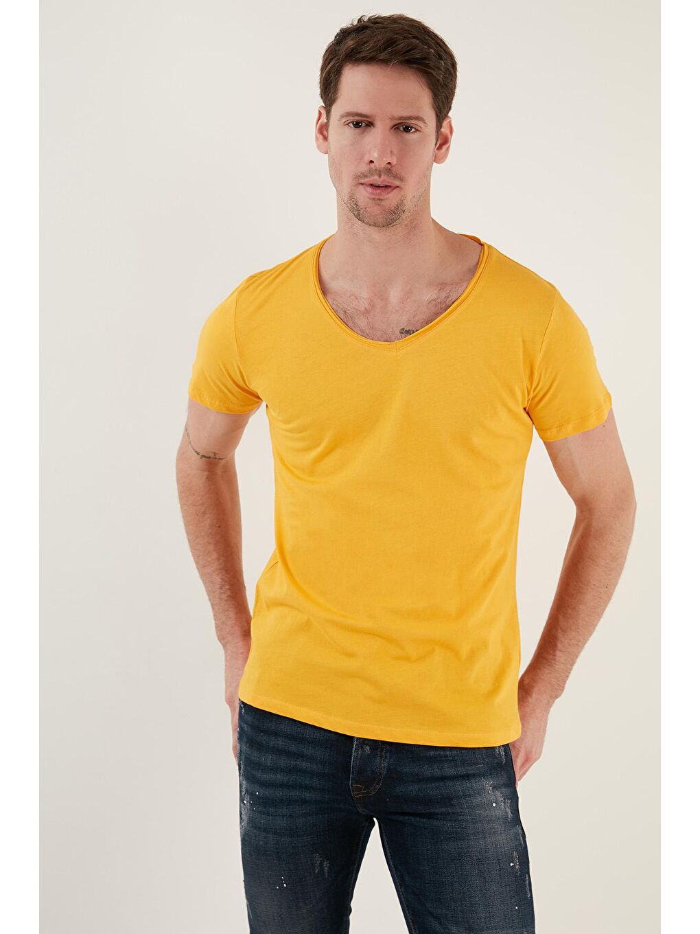 Buratti Sarı % 100 Pamuk Slim Fit V Yaka Basic T Shirt 5412001 - 2