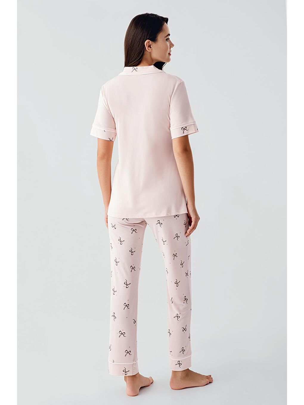 Pembe Fiyonk Desenli Düğmeli Kısa Kollu Esnek Viskoz Hamile Pijama Takım 17207-2