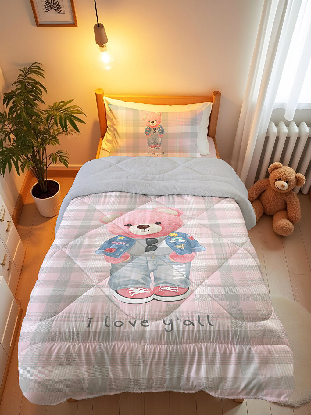 Karışık Pembe Teddy Desenli Tek Kişilik 160x220 Cm Wellsoft Çift Taraflı Silikon Yorgan Ve Uyku Seti