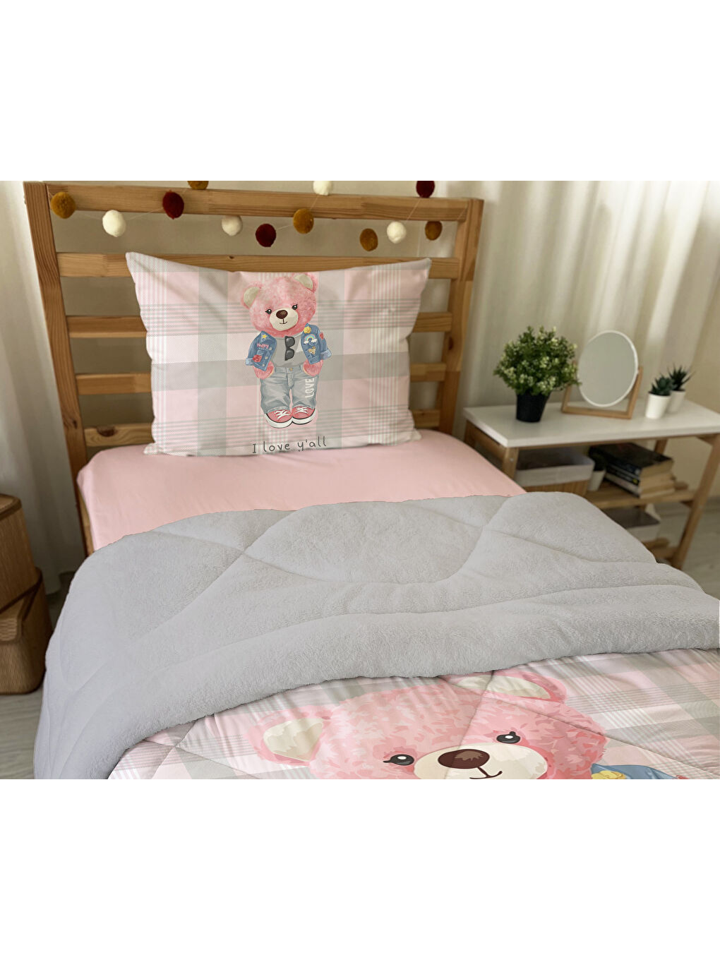 Karışık Pembe Teddy Desenli Tek Kişilik 160x220 Cm Wellsoft Çift Taraflı Silikon Yorgan Ve Uyku Seti-6