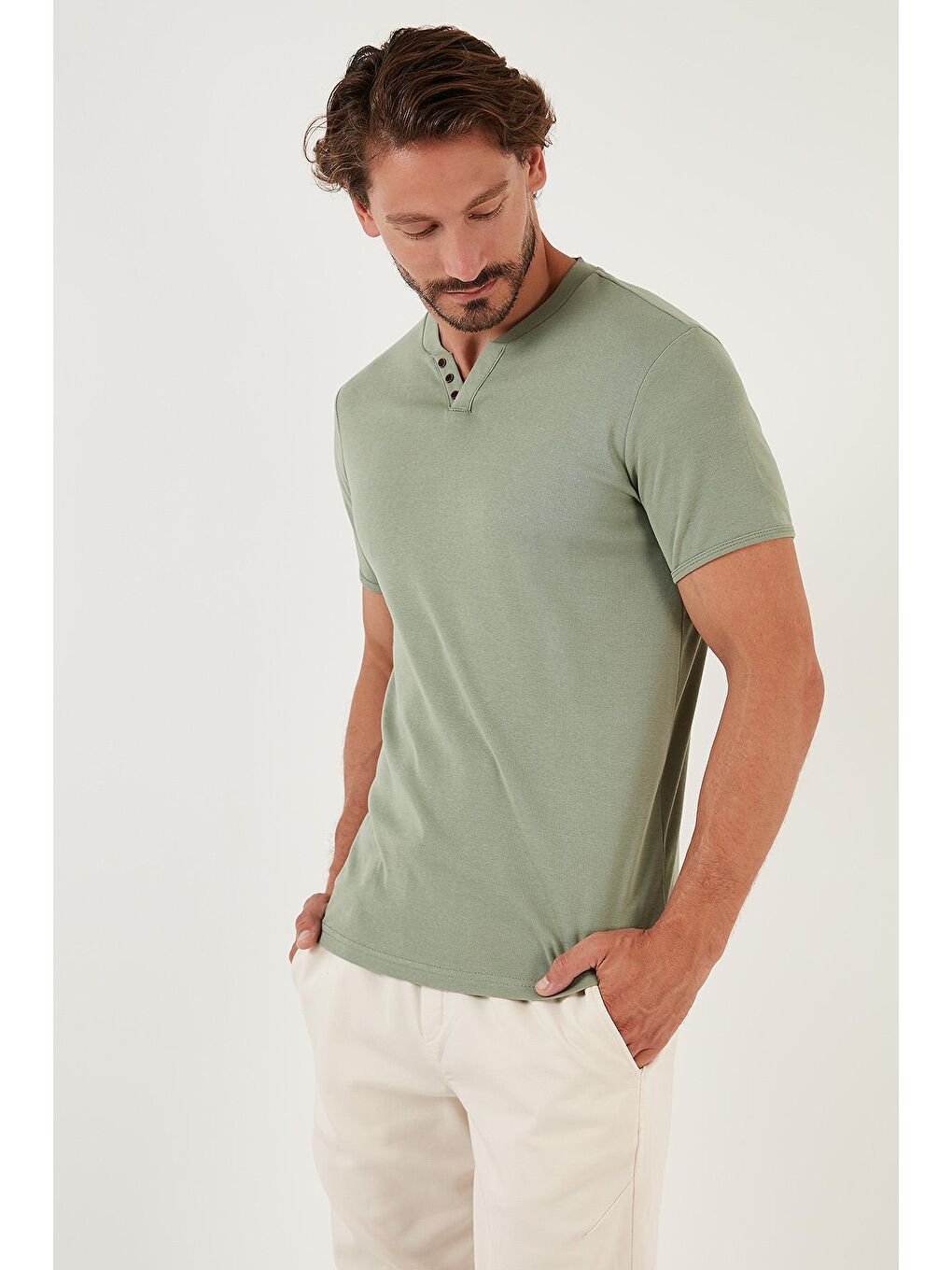 Yeşil % 100 Pamuklu V Yaka Tişört 5902122-2