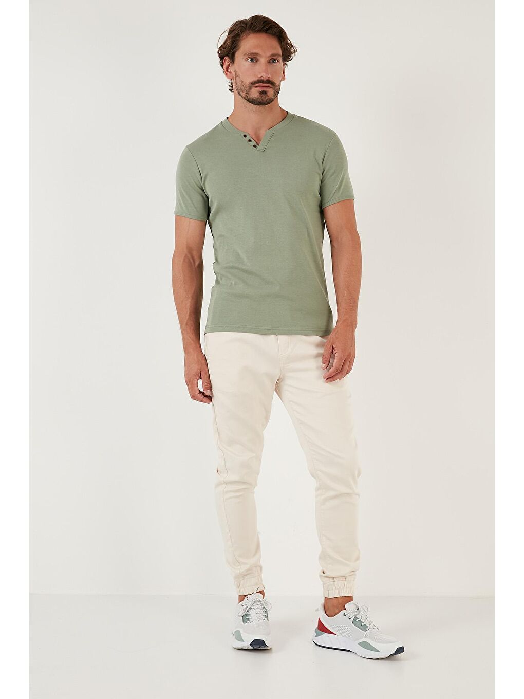 Yeşil % 100 Pamuklu V Yaka Tişört 5902122-3