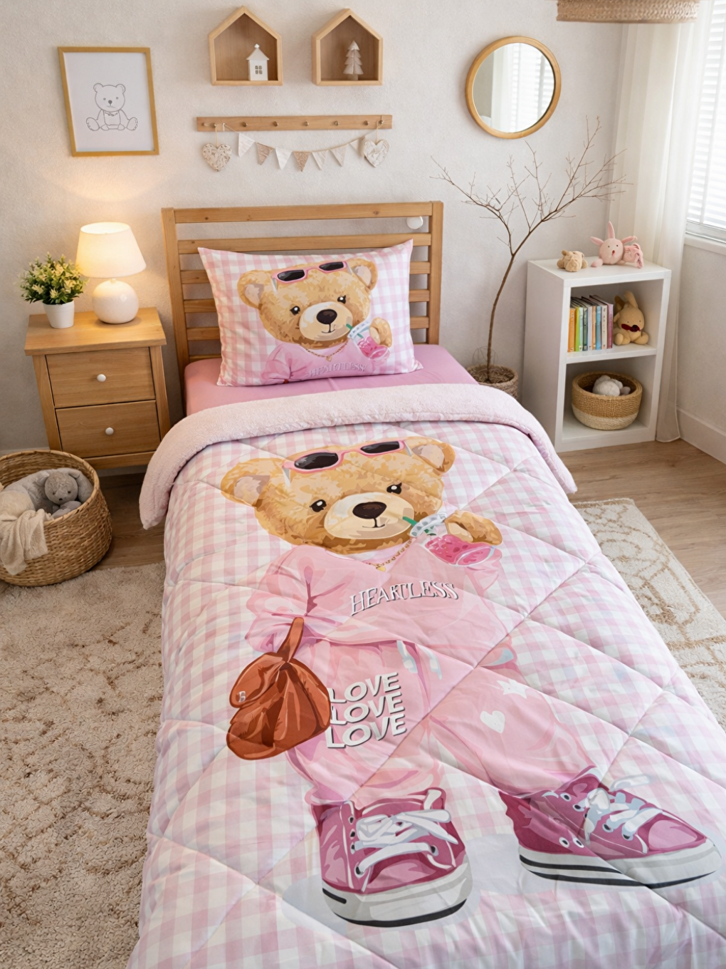 Karışık Tek Kişilik Teddy Desen 160x220 Cm Welsoft Çift Taraflı Silikon Yorgan Ve Uyku Seti-2