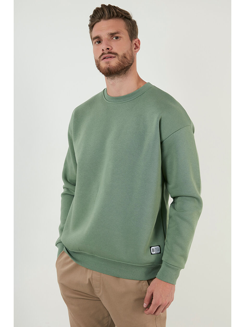 Yeşil Regular Fit Bisiklet Yaka Tüylü Yumuşak Şardonlu Sweat Erkek Sweatshirt 5905255-6