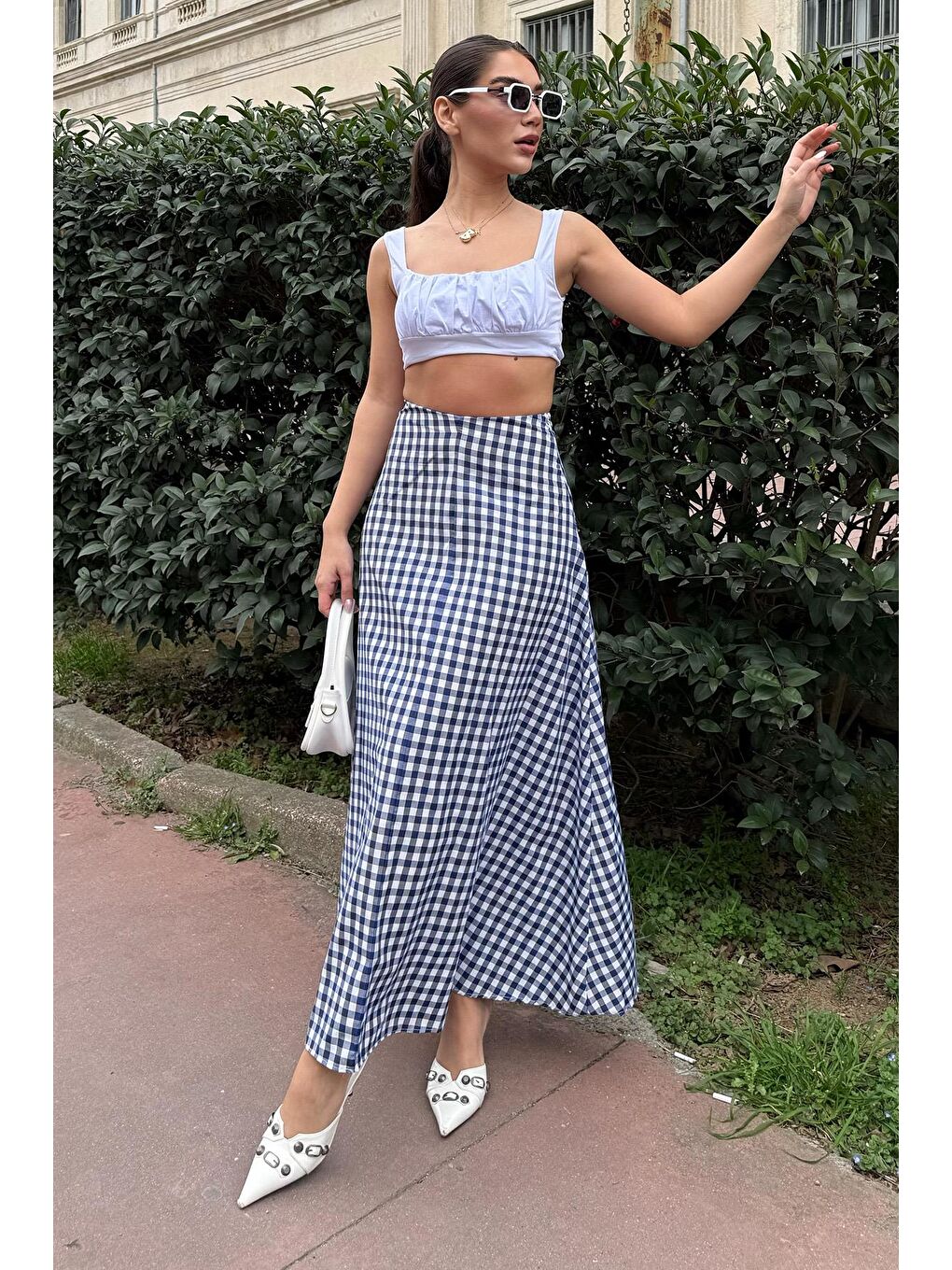 Lacivert Pötikareli Midi Boy Kadın Etek Mg2360-1