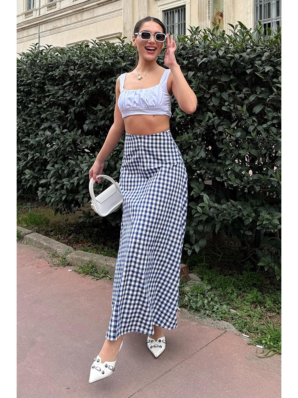 Lacivert Pötikareli Midi Boy Kadın Etek Mg2360-2