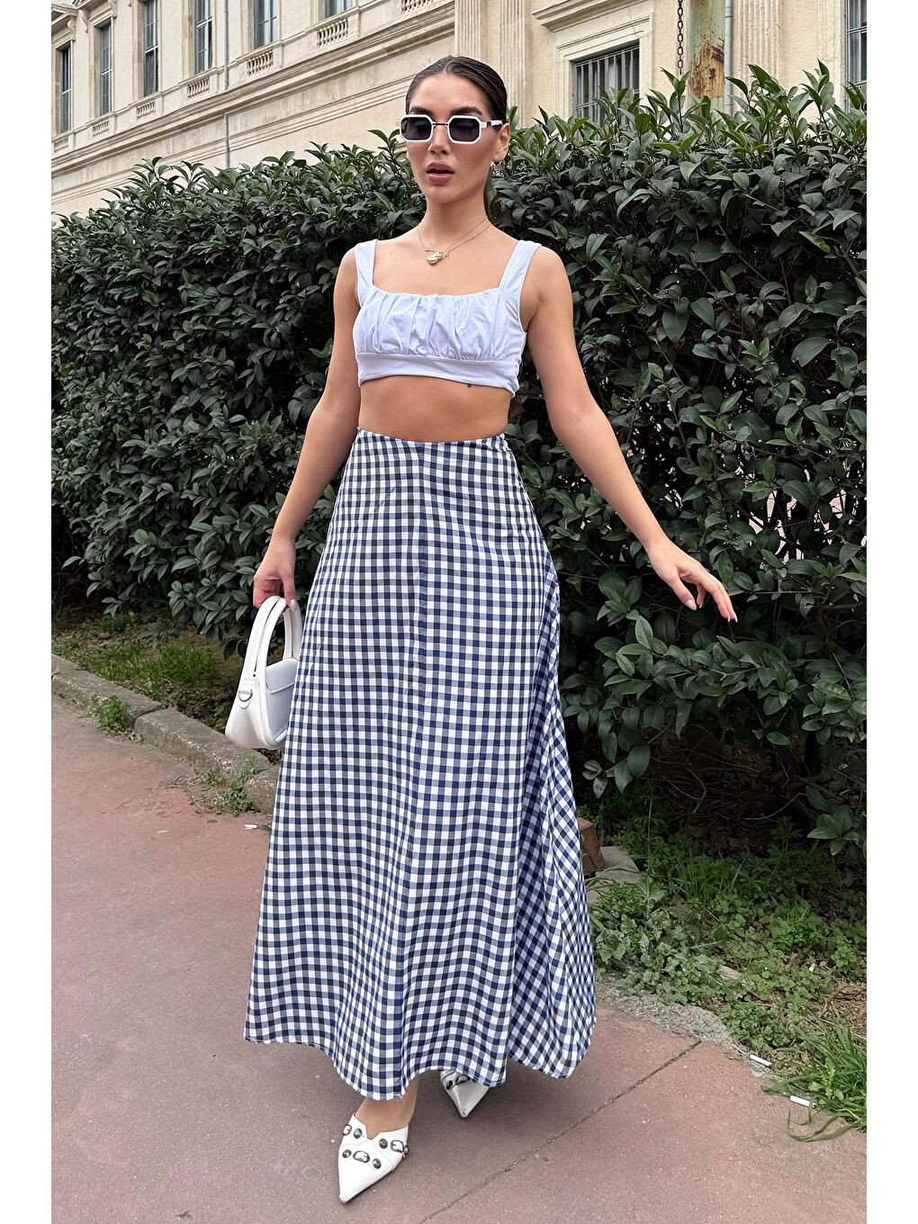 Lacivert Pötikareli Midi Boy Kadın Etek Mg2360-3