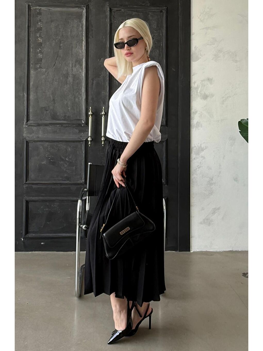 Siyah Pileli Midi Boy Kadın Etek Mg2393-2