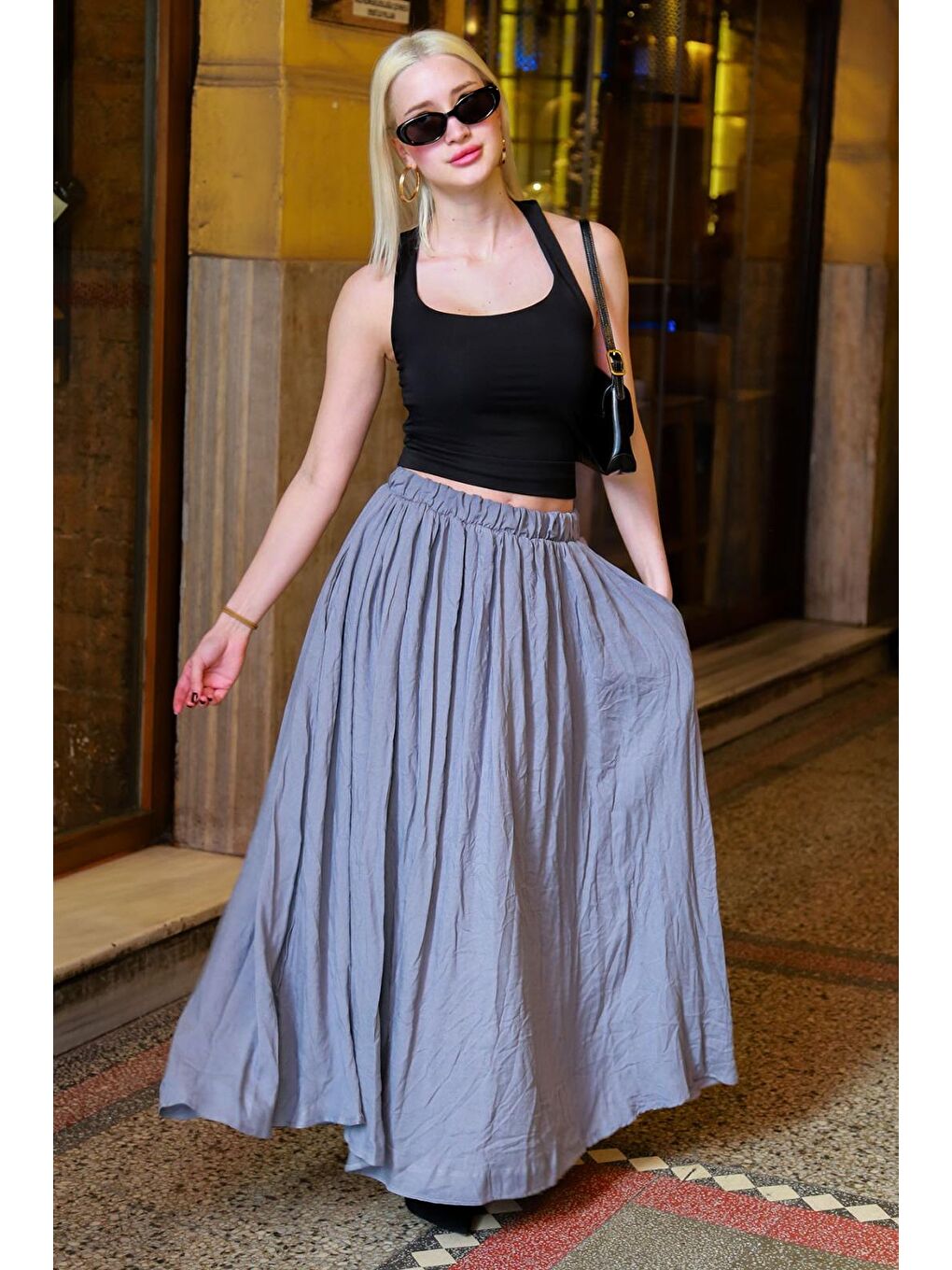 Gri Vual Kumaş Basic Kadın Uzun Boy Kadın Etek Mg2366-1