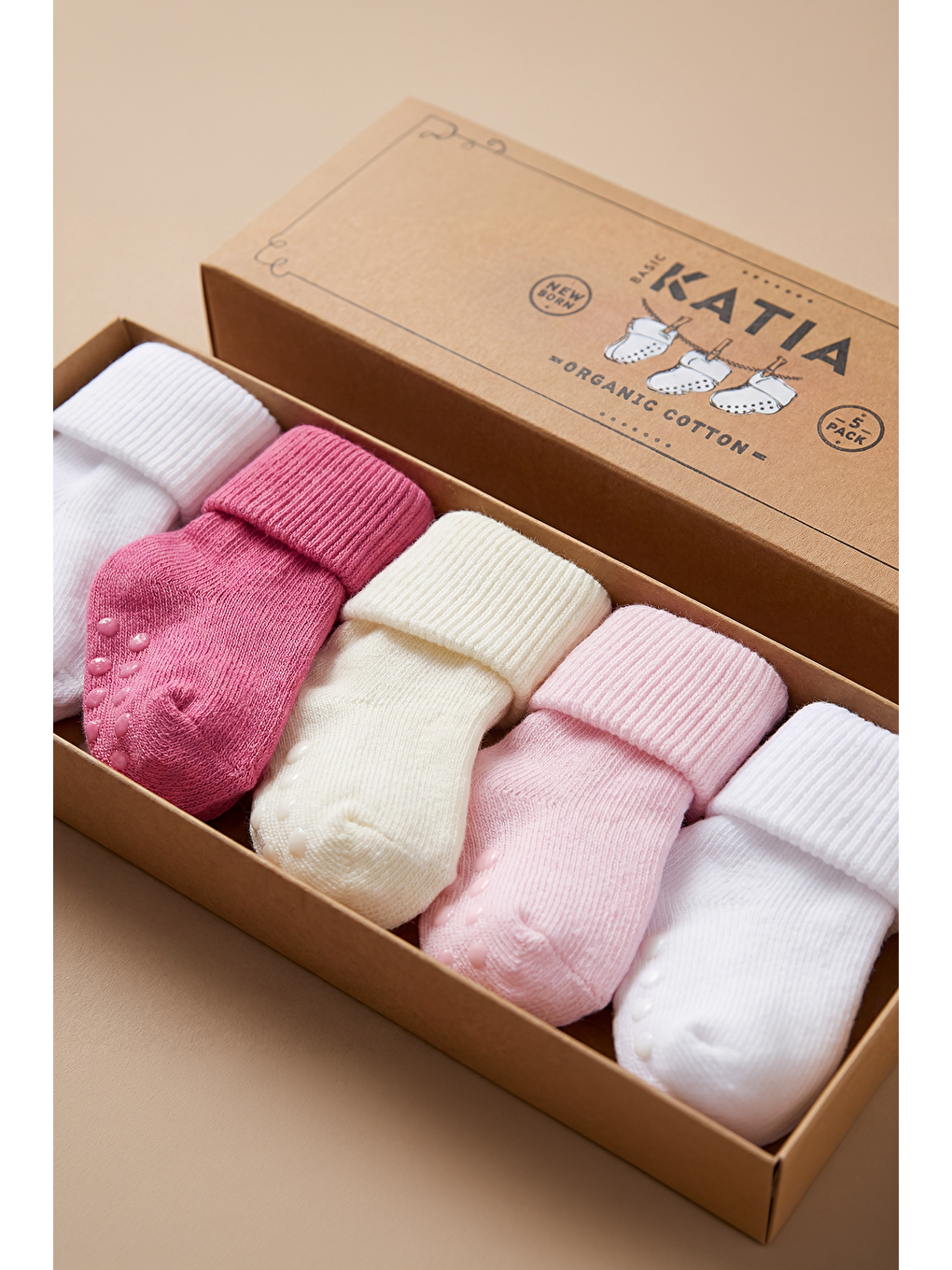 Yenideoğan 5'Li Organik Bebek Soket Çorap Pembe-Beyaz-1