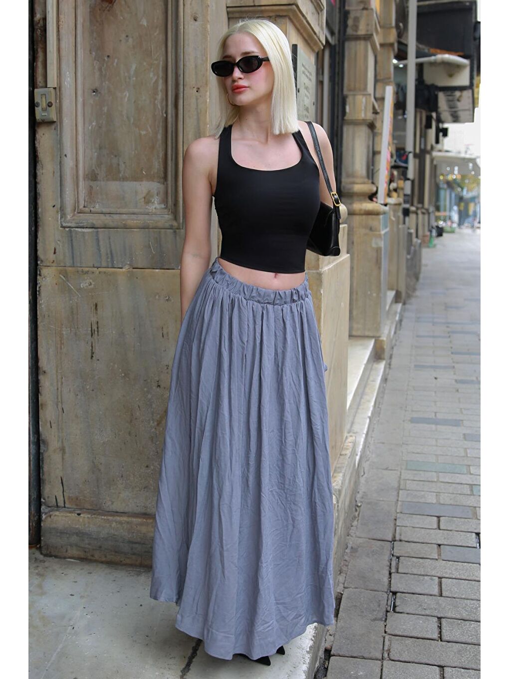 Gri Vual Kumaş Basic Kadın Uzun Boy Kadın Etek Mg2366-3