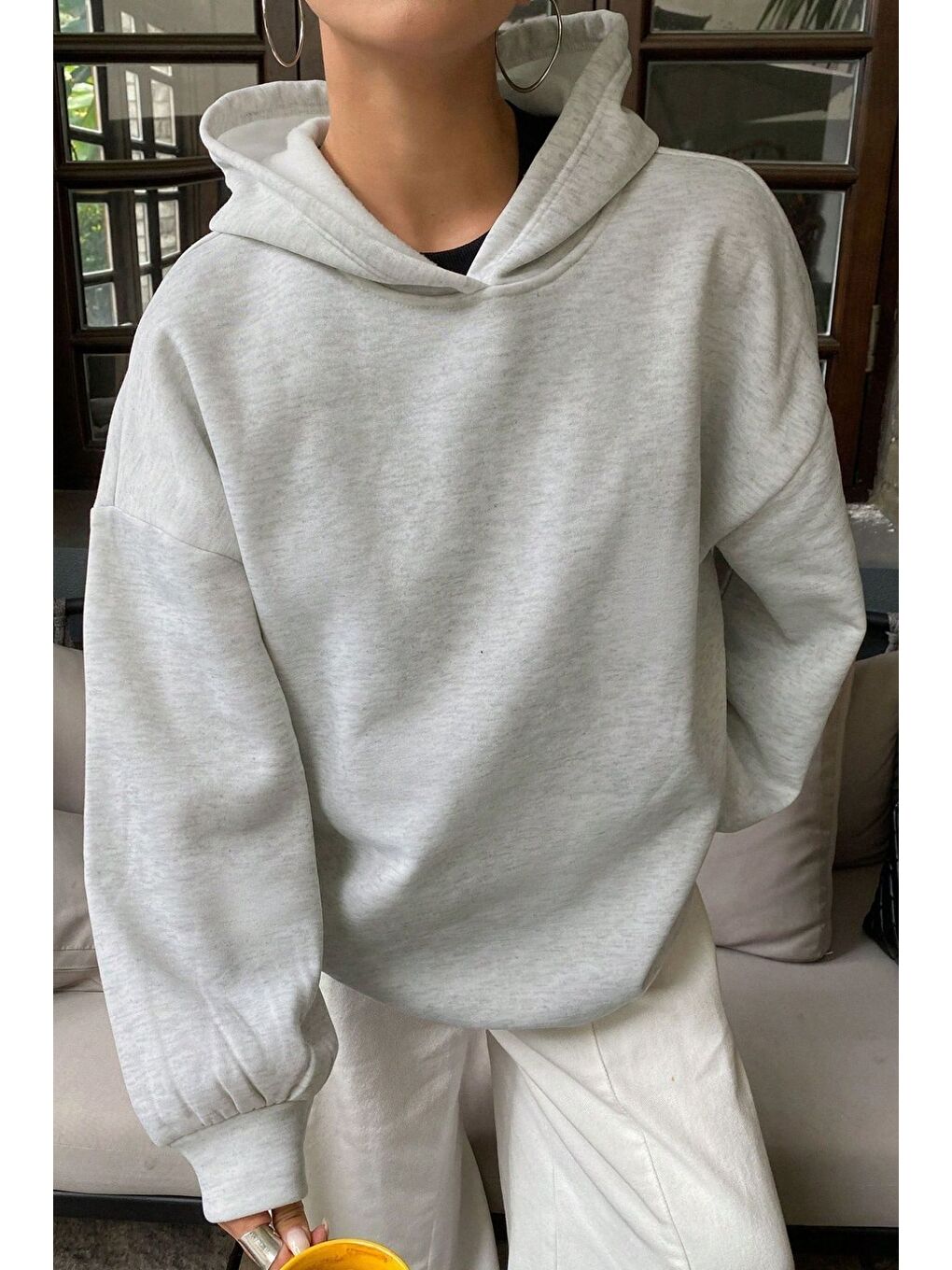 Kadın Gri Düz Kapüşonlu Bol Kalıp Sweatshirt Hoodie