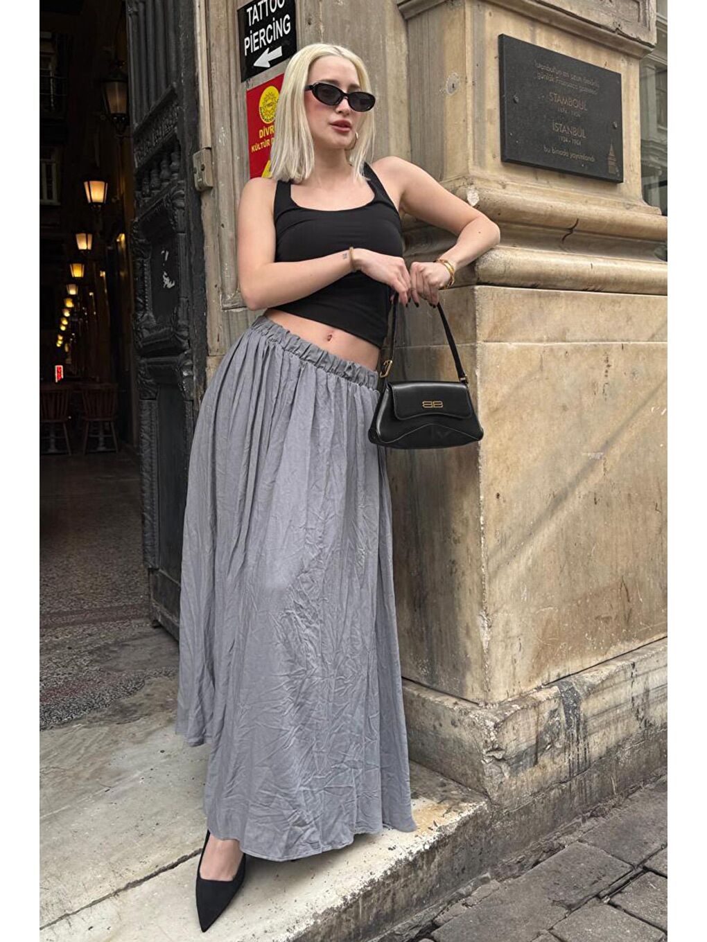 Gri Vual Kumaş Basic Kadın Uzun Boy Kadın Etek Mg2366-4